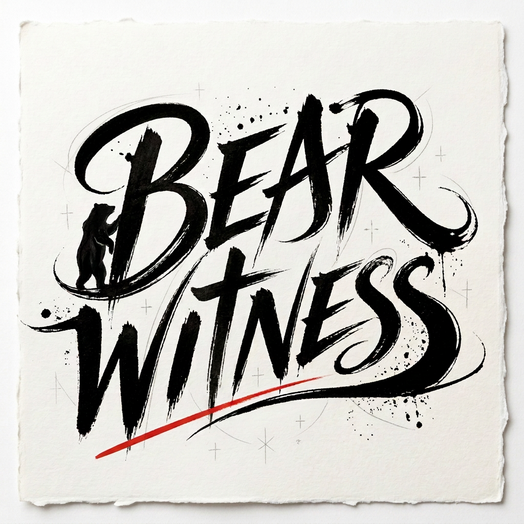 Bear Witness hand-lettered in black ink with a bear climbing the B and a signal-red brushstroke